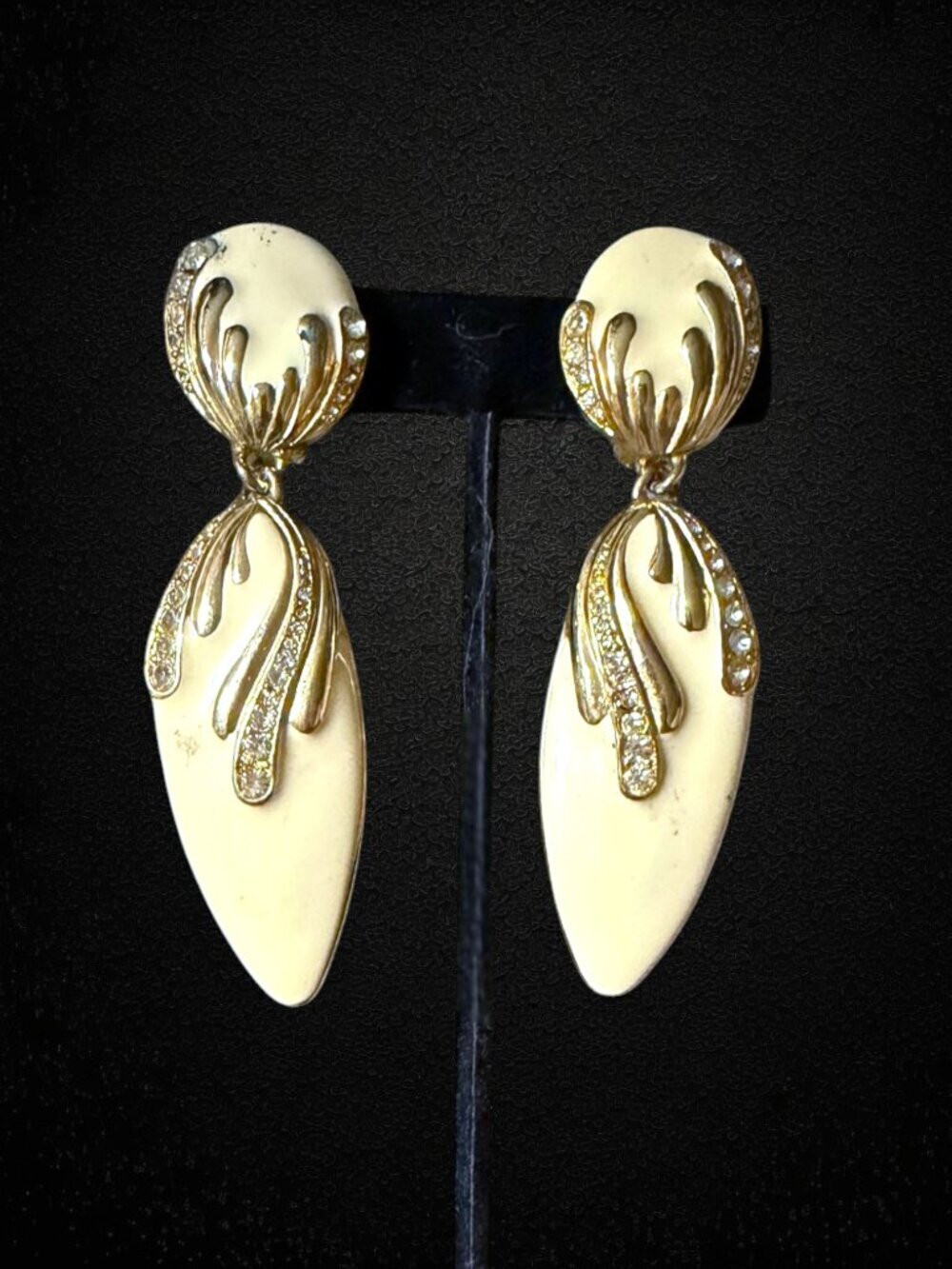 Vintage Gold Tone Rhinestone Enamel Abstract Dangle Clip Earrings 80s Statement